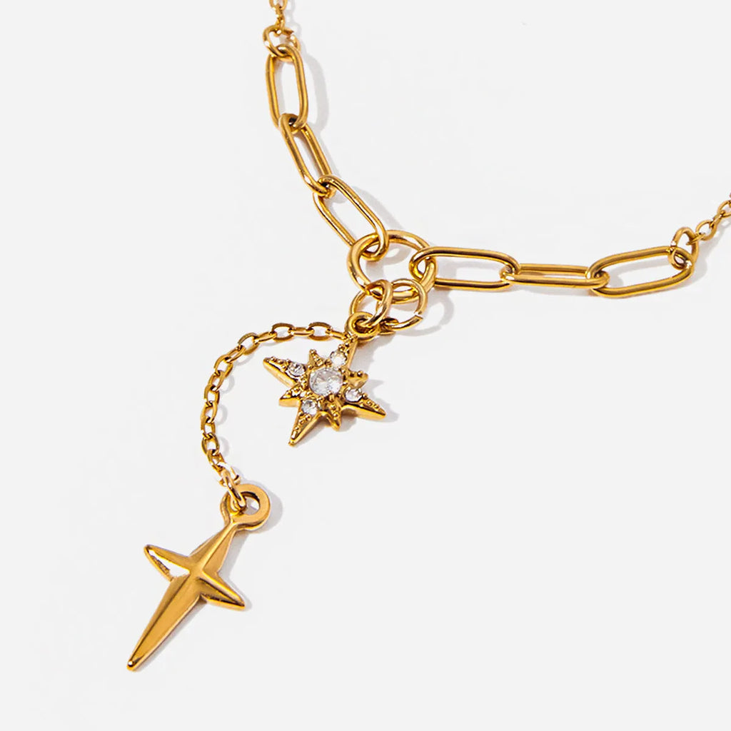 Classic 18K gold stainless steel necklace with white diamond eight-pointed stars on a regular chain