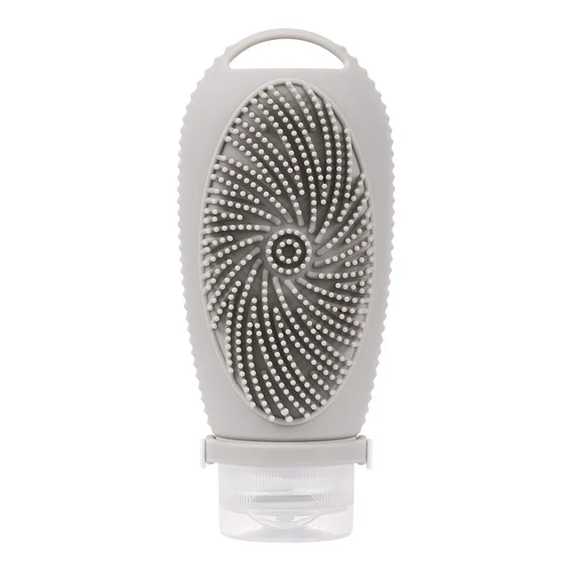 Silicone bath brush storage bottle in a selection of colours including pink, orange, and light grey.