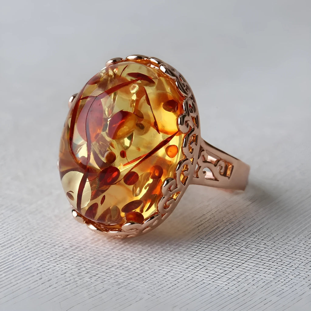 Beeswax Amber ring in New Amber Type A colour on an alloy base, ethnic retro style.
