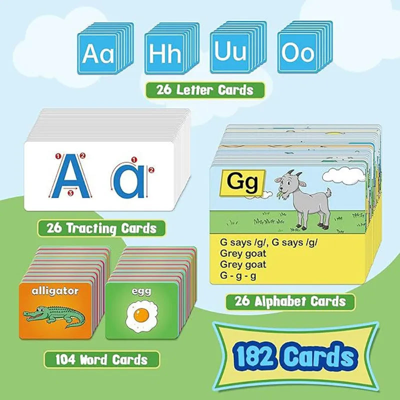 Alphabet learning table chart measuring 60x40cm with word, letter, picture and song cards for toddlers.
