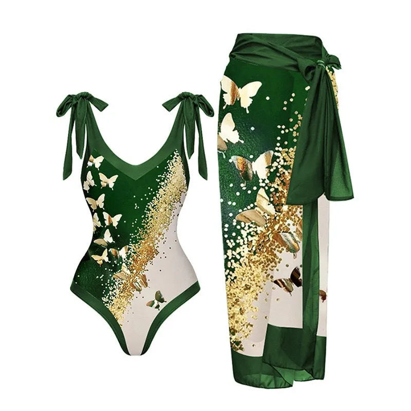 Women's solid colour one-piece swimsuit with spaghetti straps and a detachable skirt.