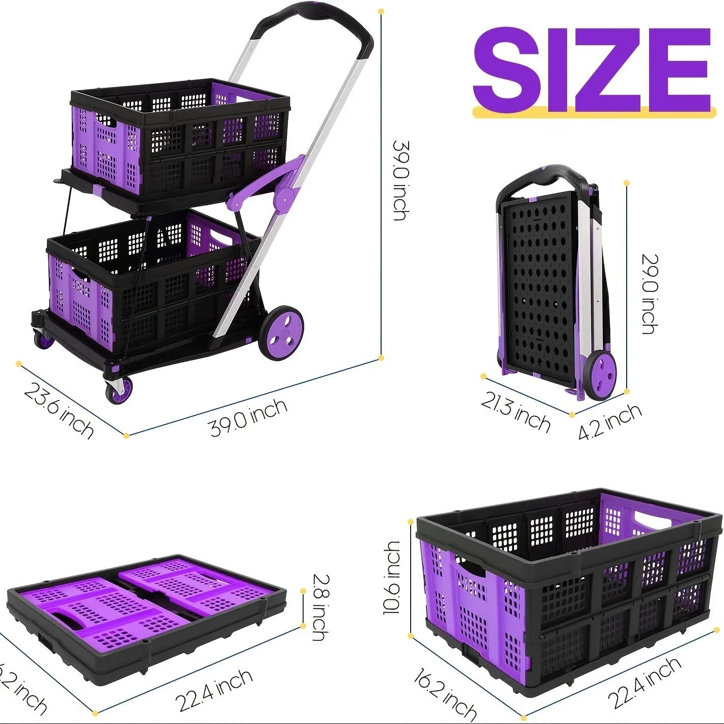 Foldable blue shopping cart with double-layer plastic baskets for grocery transport