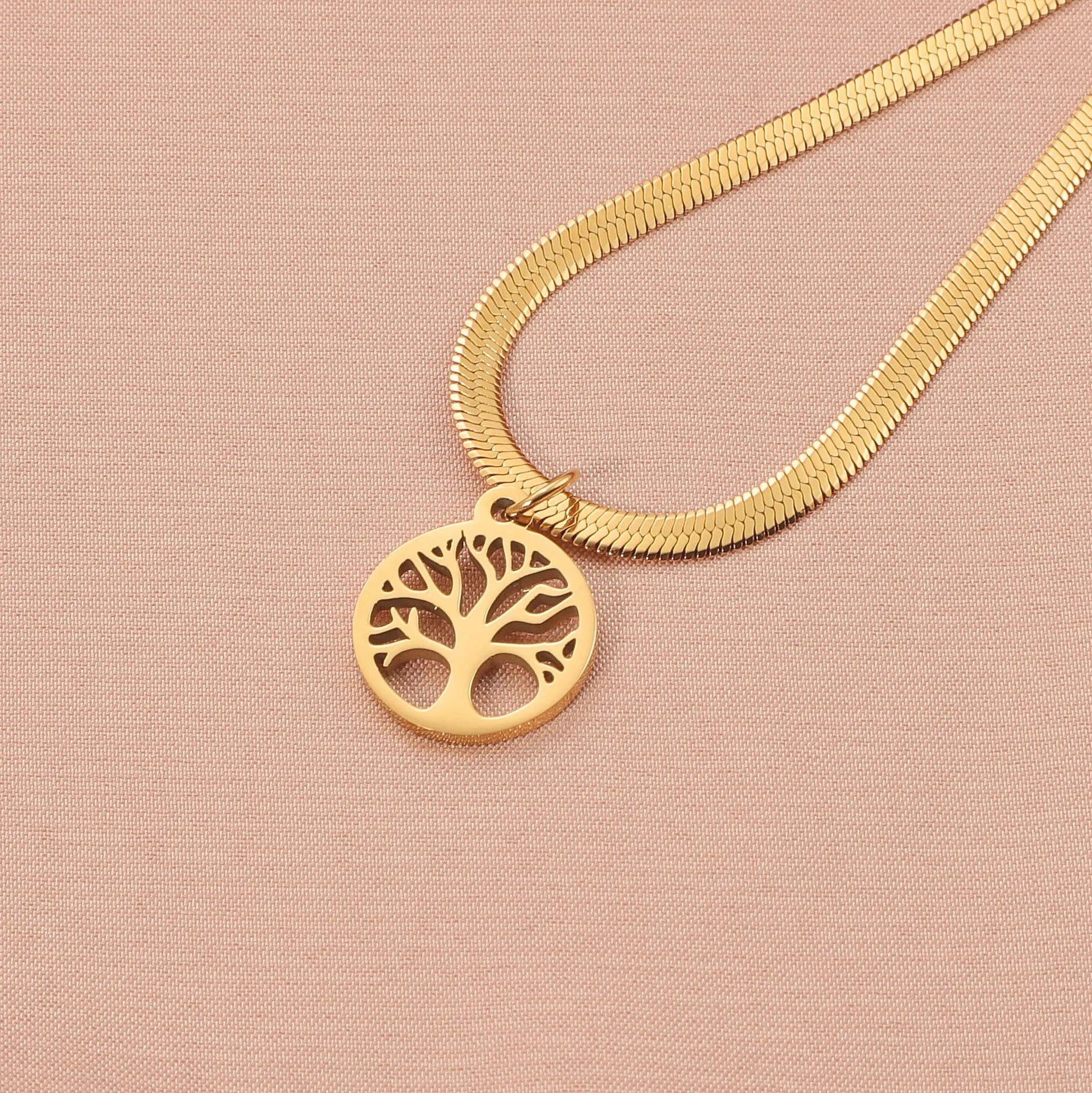 Stainless steel lucky tree pendant on snake bones chain necklace in gold colour
