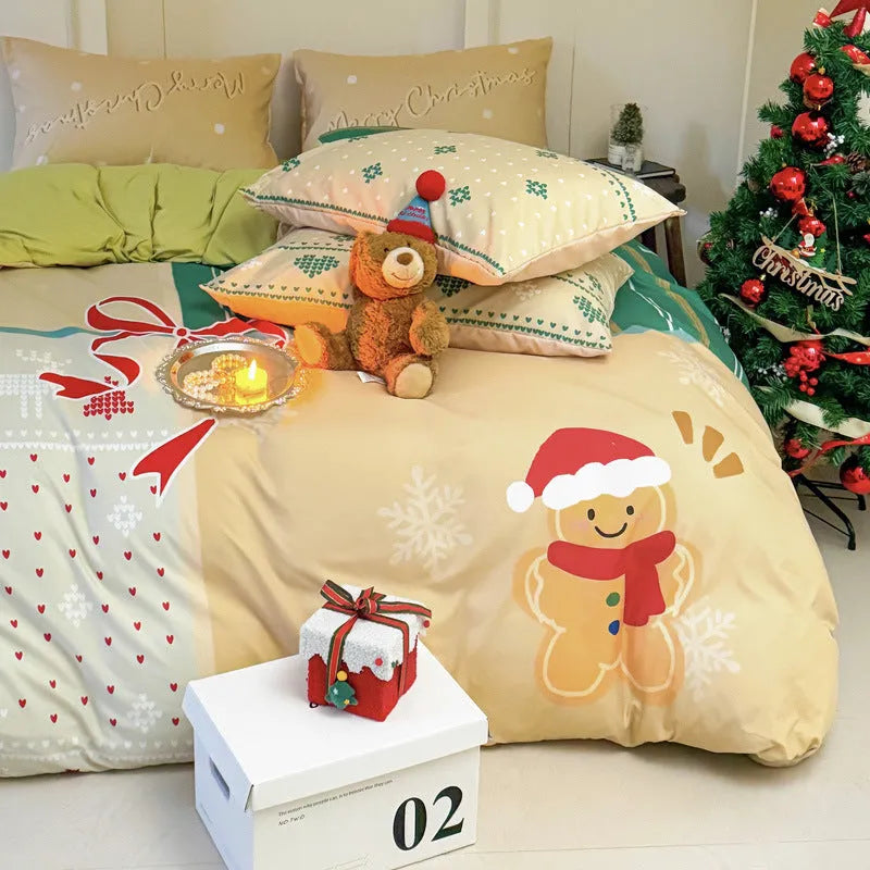 Christmas cartoon printed bedding set with Gingerbread Man design on washed cotton