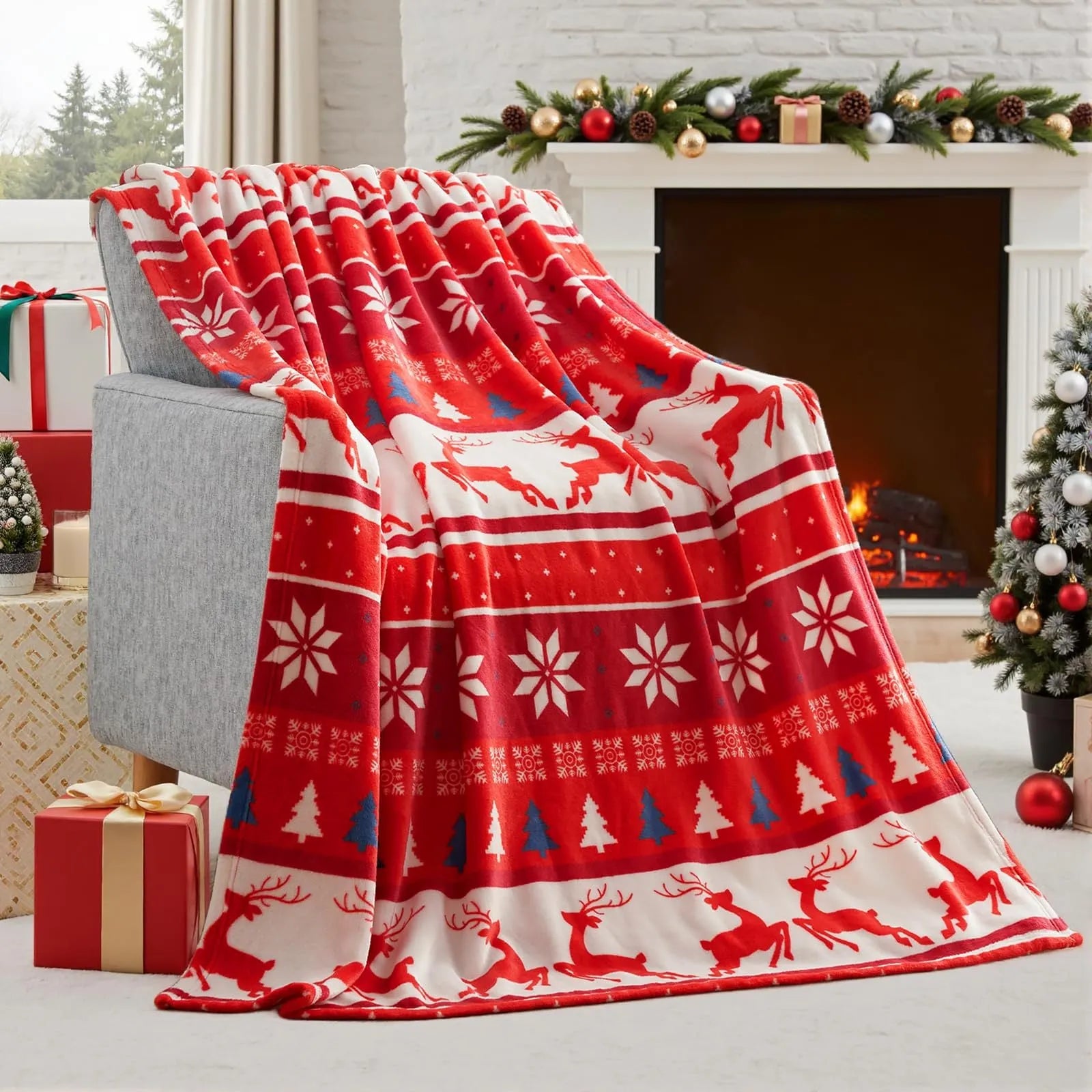 Soft flannel Christmas blanket in American style with plush texture, available in five colours and twelve size options