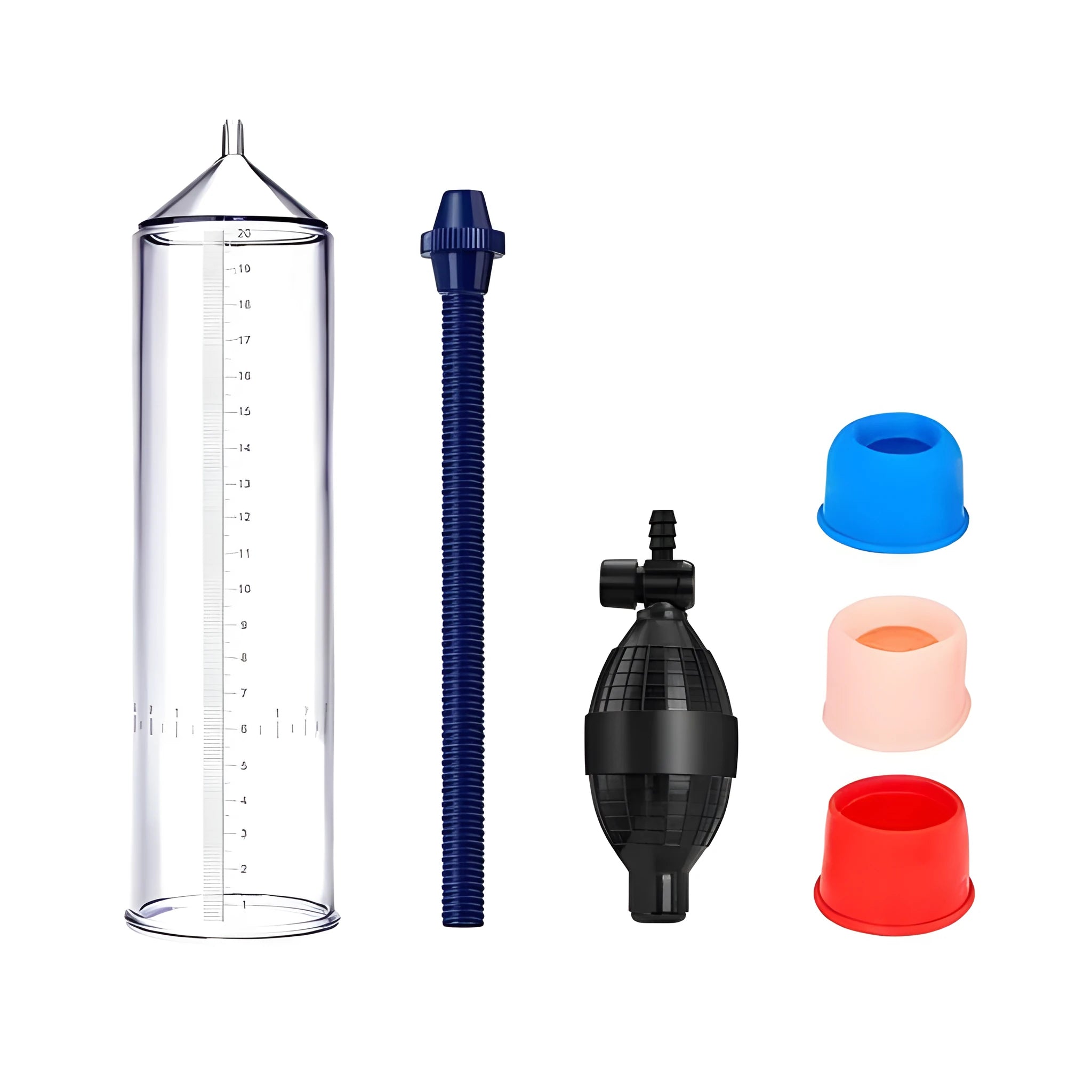 Customised transparent silicone cover for a male home exercise machine with accessory kit components.