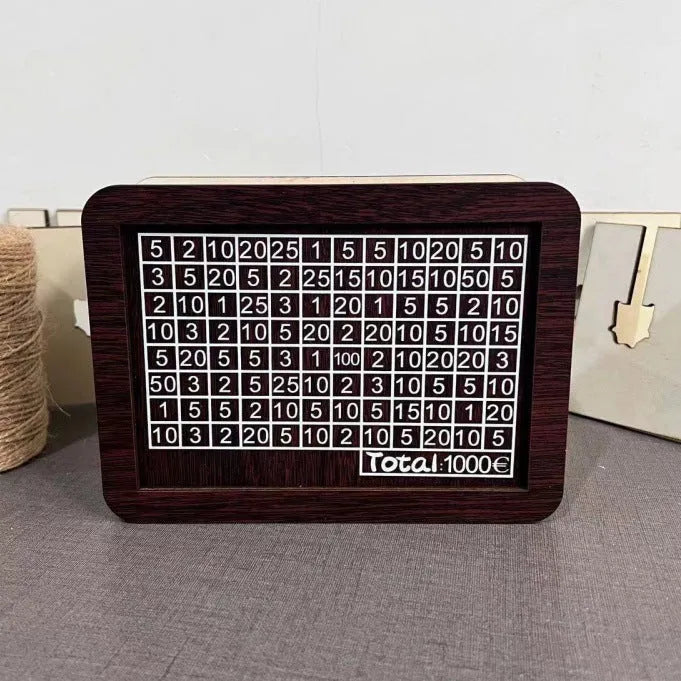 Wooden digital coin bank with retro design showing multiple currency theme options