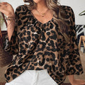 Leopard print women's polyester pullover top with V-neck and half sleeves in multicolour pattern