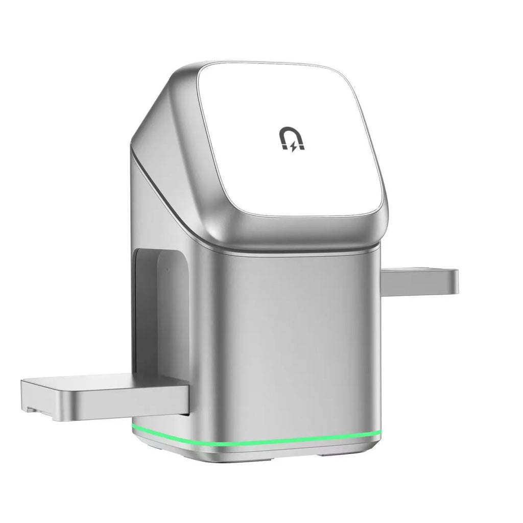 Black mobile phone magnetic wireless charging stand showing 180-degree rotation adjustment with Type-C cable