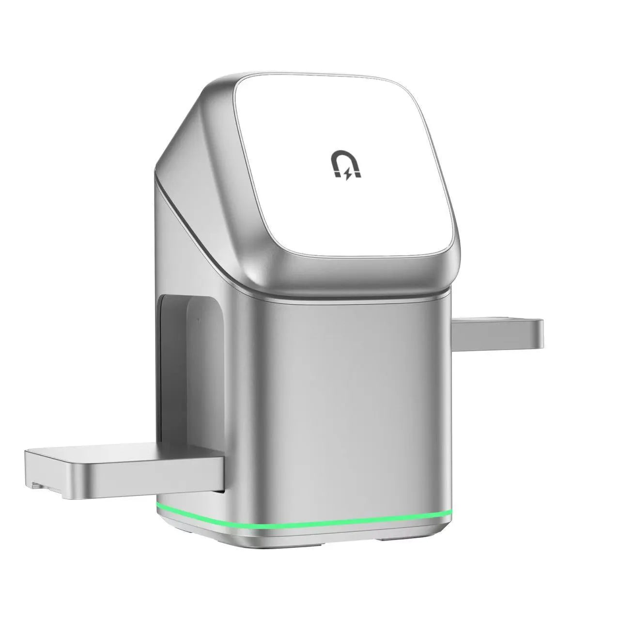 Black mobile phone magnetic wireless charging stand showing 180-degree rotation adjustment with Type-C cable