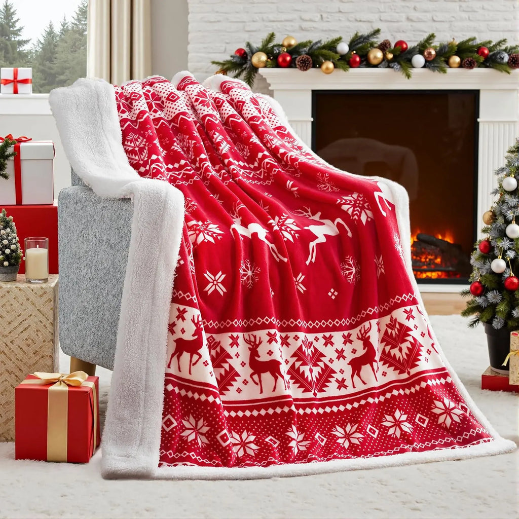 Soft flannel Christmas blanket in American style with plush texture, available in five colours and twelve size options