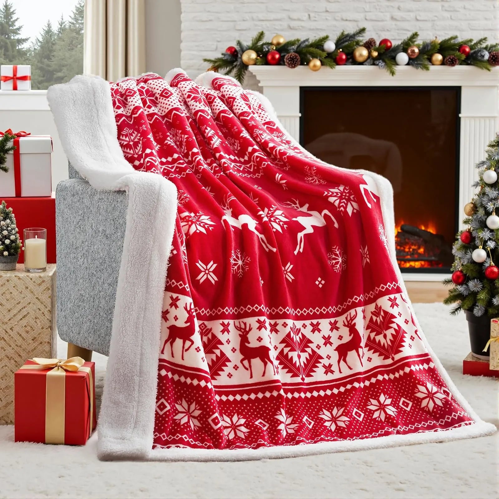 Soft flannel Christmas blanket in American style with plush texture, available in five colours and twelve size options