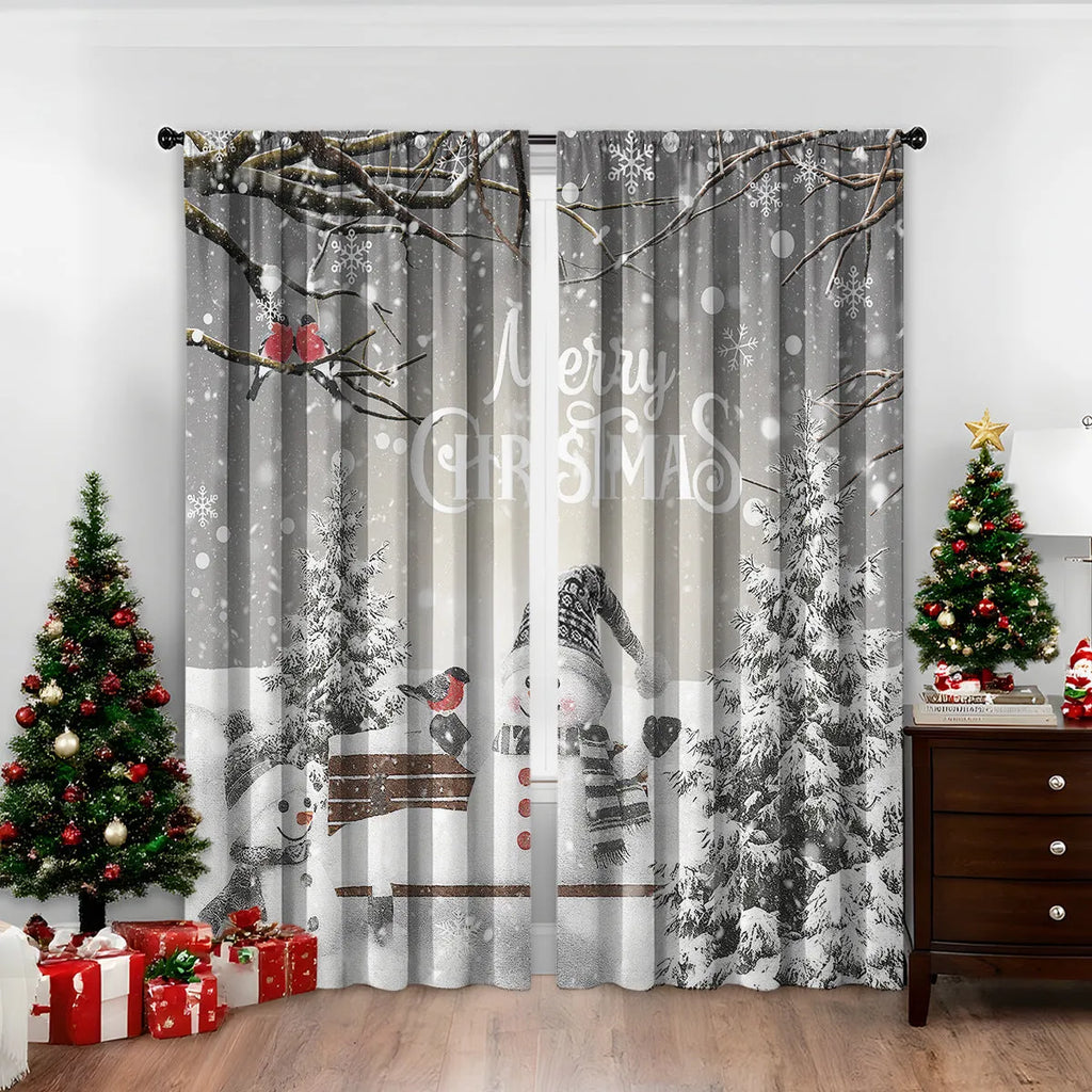 3D digital printed Christmas curtain in a modern style, showing detail of printed pattern and fabric texture.