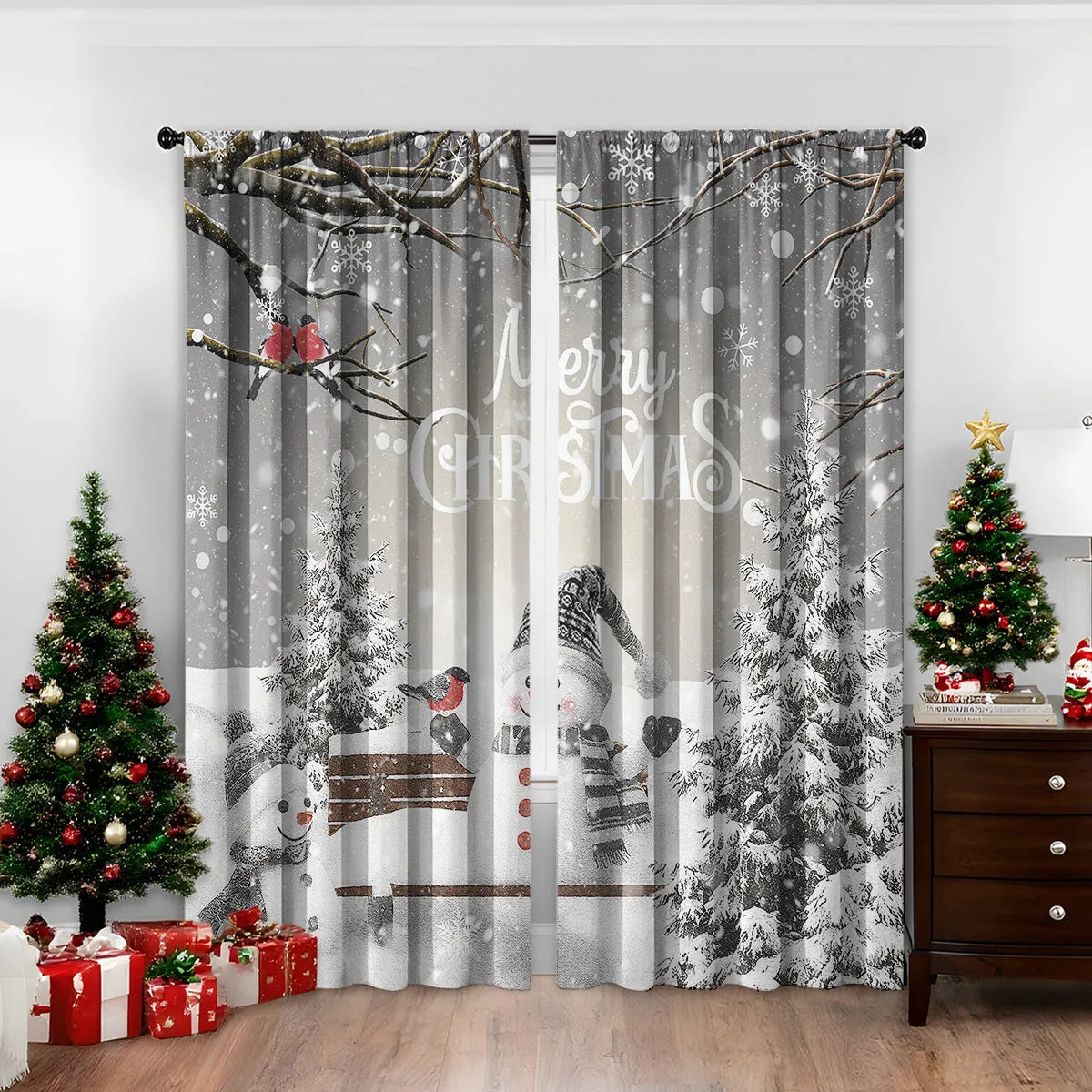 3D digital printed Christmas curtain in a modern style, showing detail of printed pattern and fabric texture.
