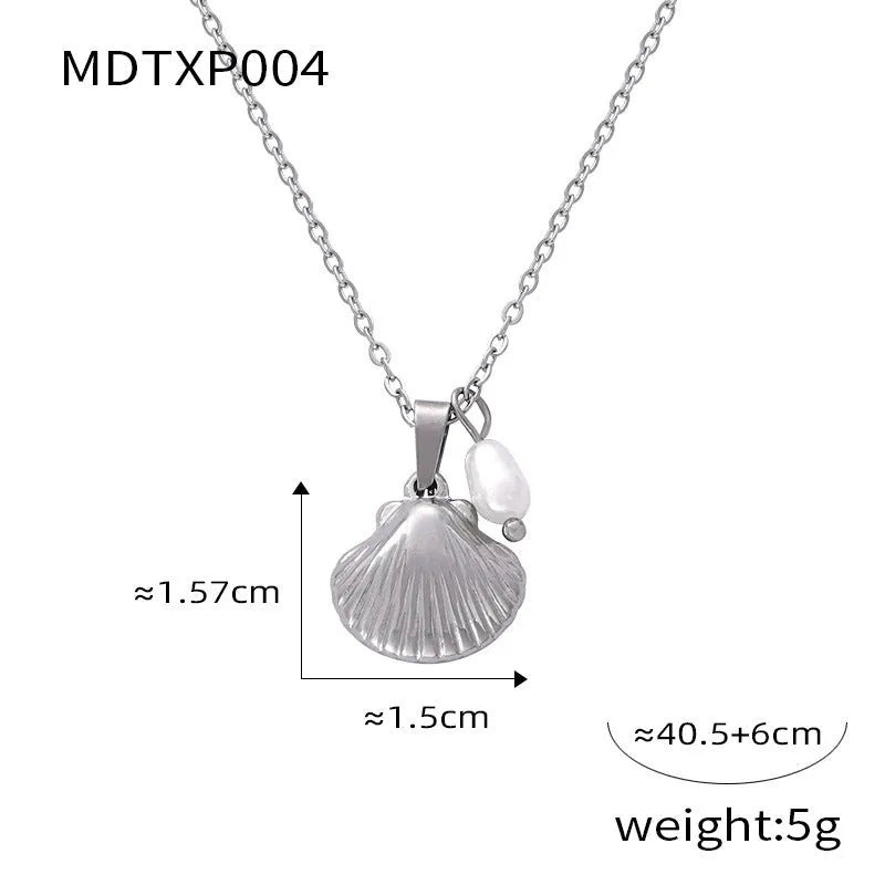 French vintage shell pendant necklace with freshwater pearl beads on titanium steel chain