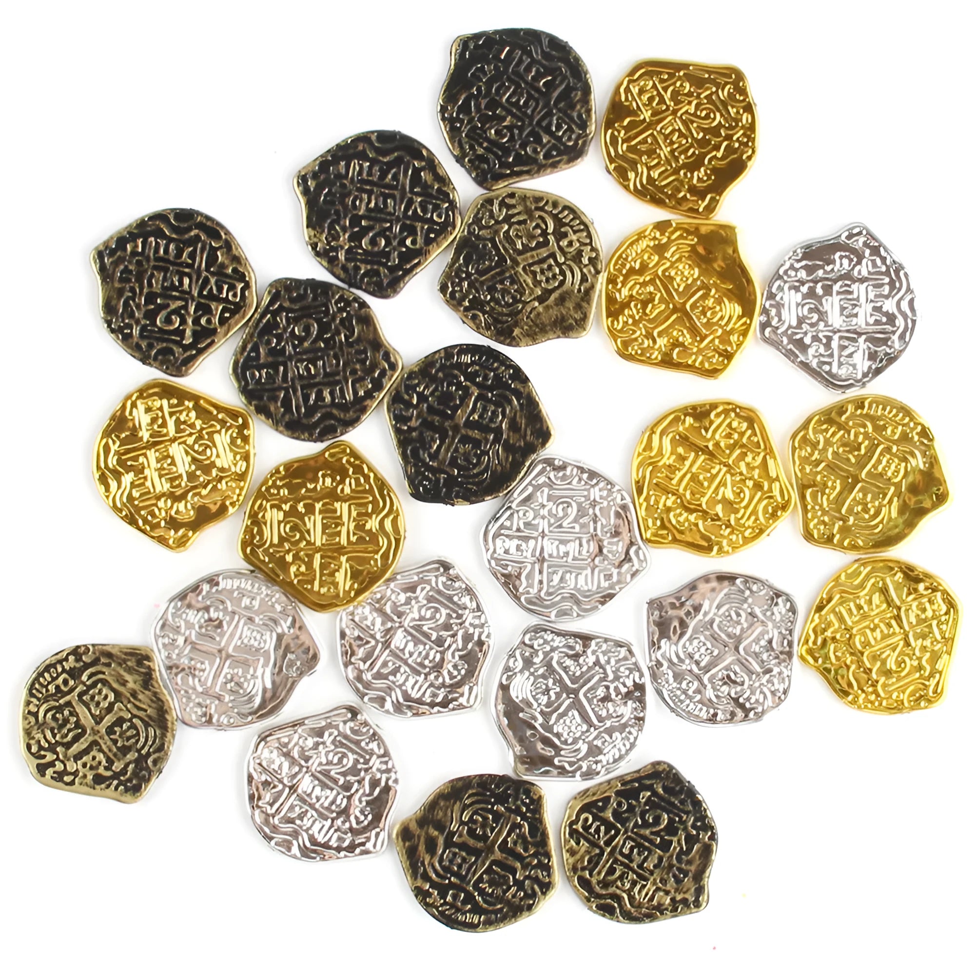 Plastic Roman pirate coins in gold, silver, and bronze electroplated finishes