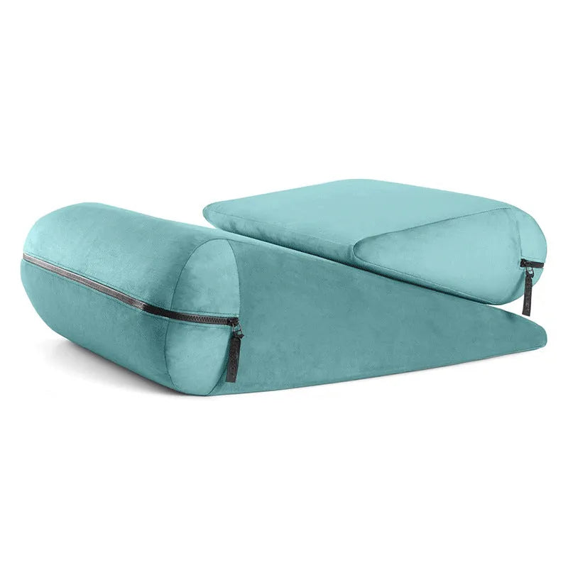 High-density sponge triangle cushion pillow in embroidered fabric, colours: red, grey, black, lake blue, peach.