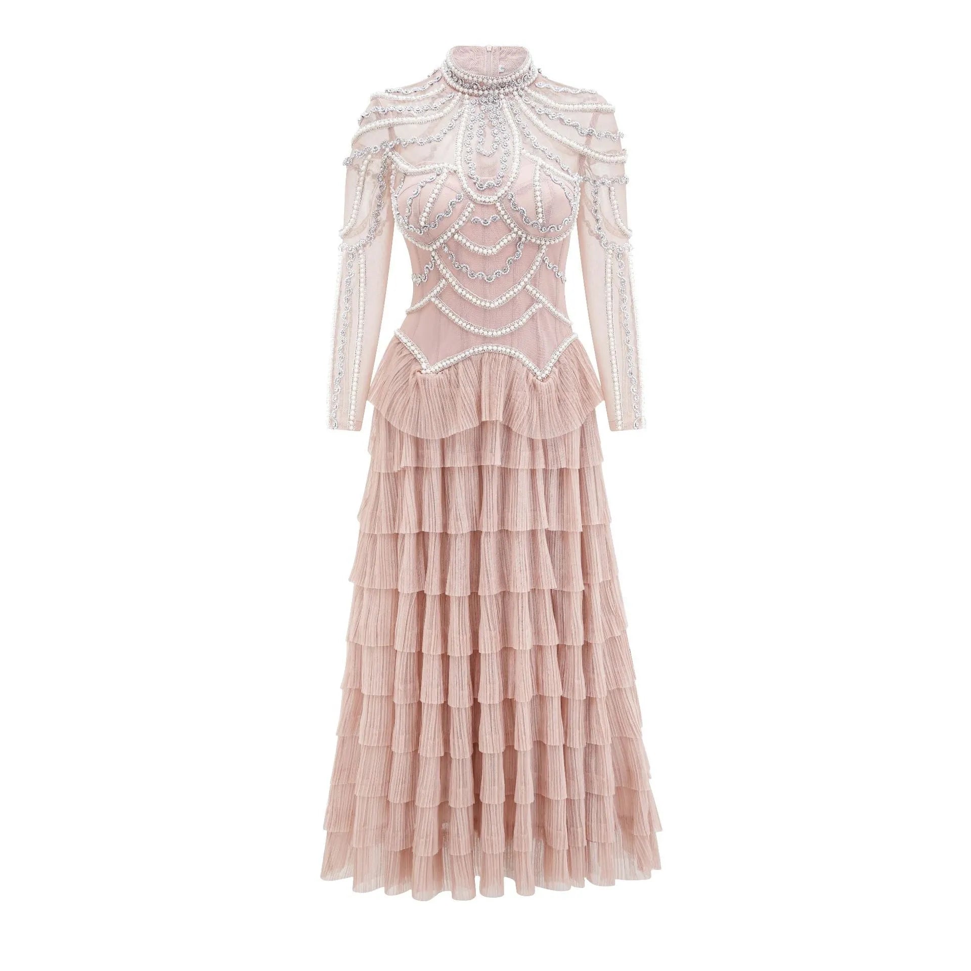 Women's long sleeve beaded dress in polyester fabric with three-dimensional decoration
