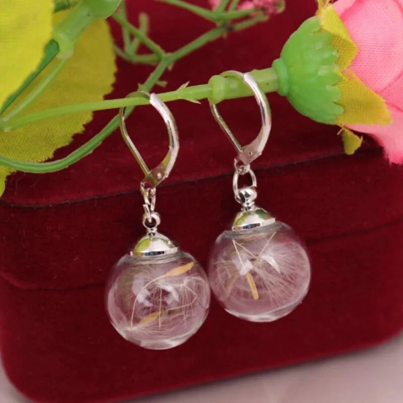 Transparent crystal dandelion seed glass ball earrings on French hook in silver and bronze finishes