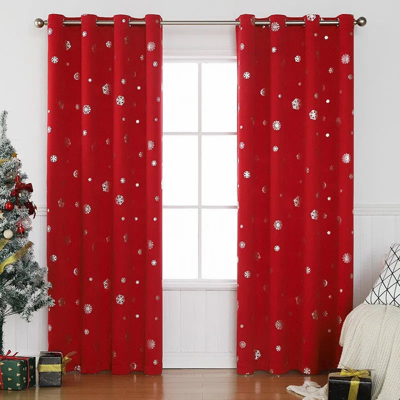 Snowflake pattern shade cloth curtain in red with iron hoop trim showing modern simplicity styling