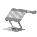 Silver carbon steel laptop stand with a rotating magnetic mobile phone holder attached to the side.