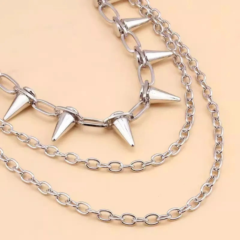 Silver double-layer metal trousers chain with rivet details, 115cm length