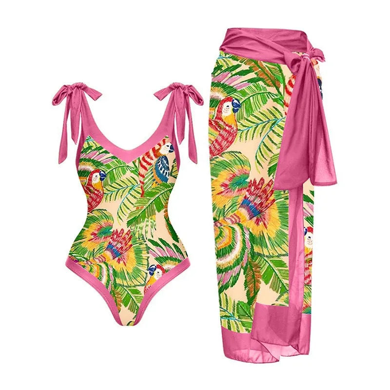 Women's solid colour one-piece swimsuit with spaghetti straps and a detachable skirt.