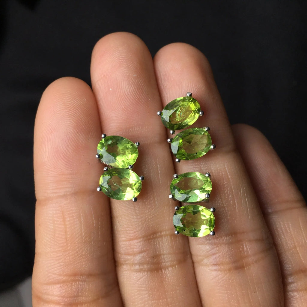 Grass green natural olivine faceted stud earrings in S925 sterling silver with 6×8mm oval stones