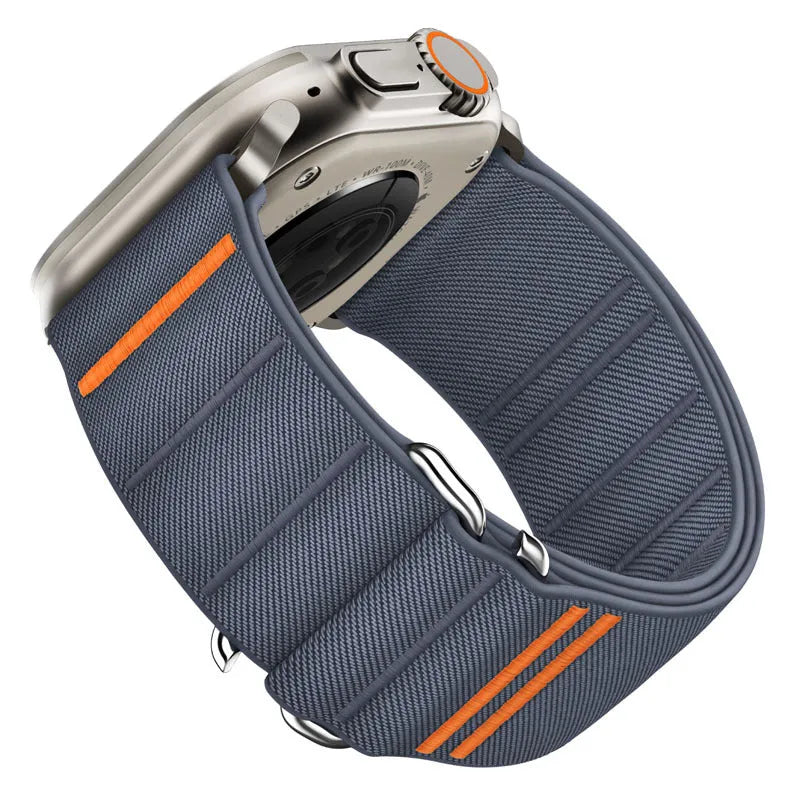 Elastic nylon sports watchband with stainless steel buckle for Apple Watch, shown in multiple colour options.