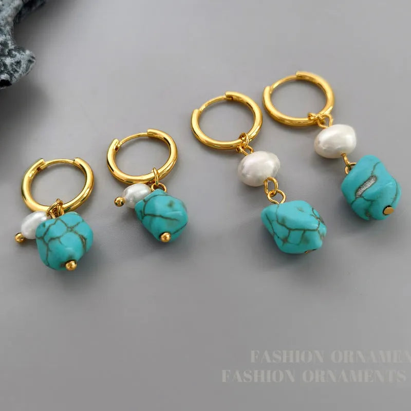 Copper geometric cultured pearl earrings with irregular turquoise stones