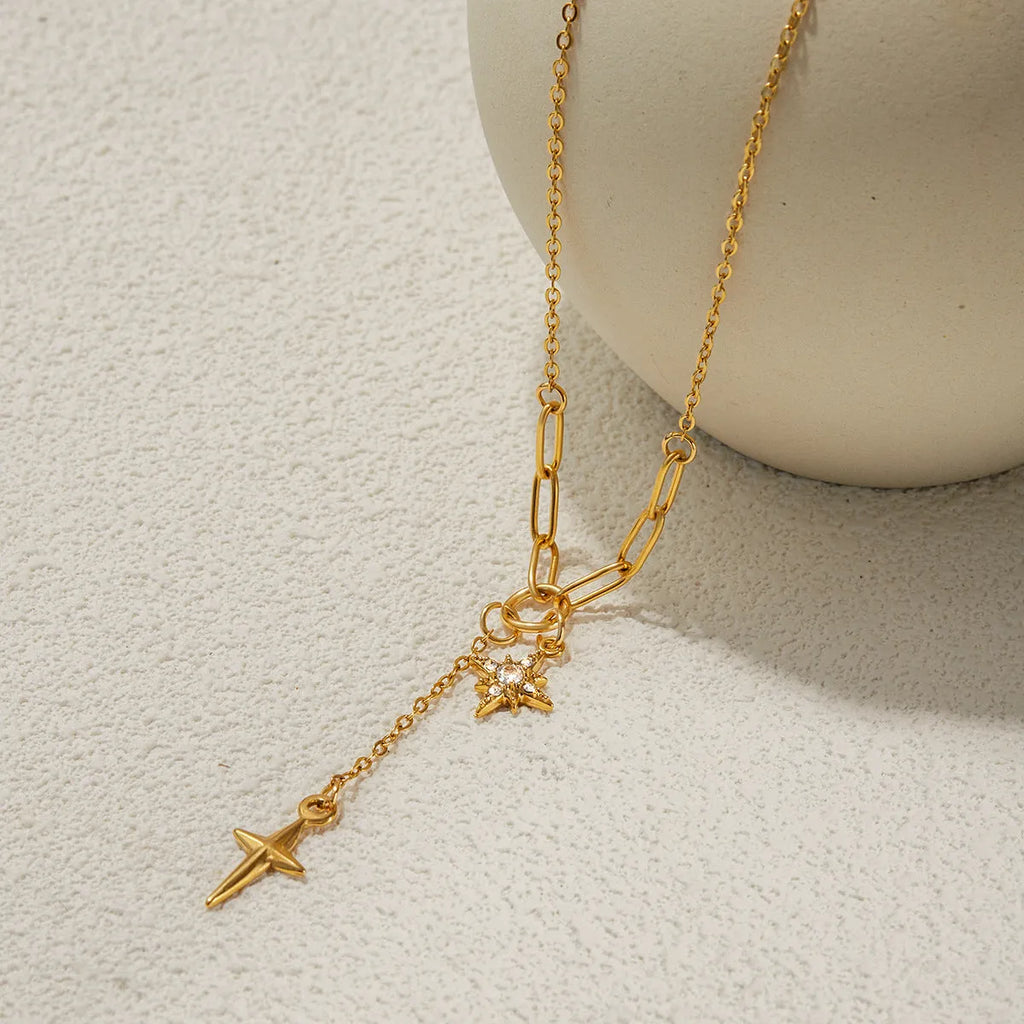 Classic 18K gold stainless steel necklace with white diamond eight-pointed stars on a regular chain