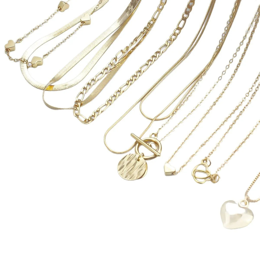 10-piece gold electroplated women's necklace set with alloy pendants on adjustable snake bone chain