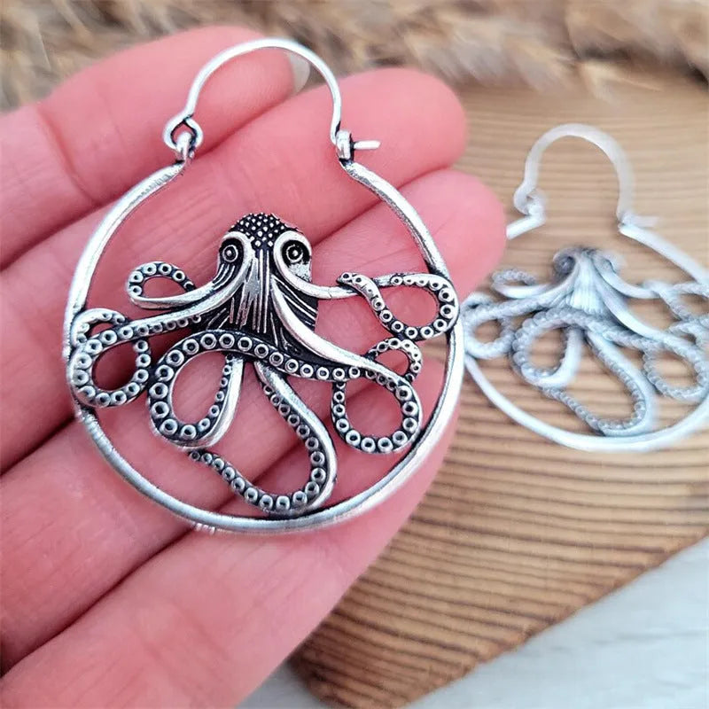 Vintage antique silver octopus earrings with detailed tentacle modelling on zinc alloy