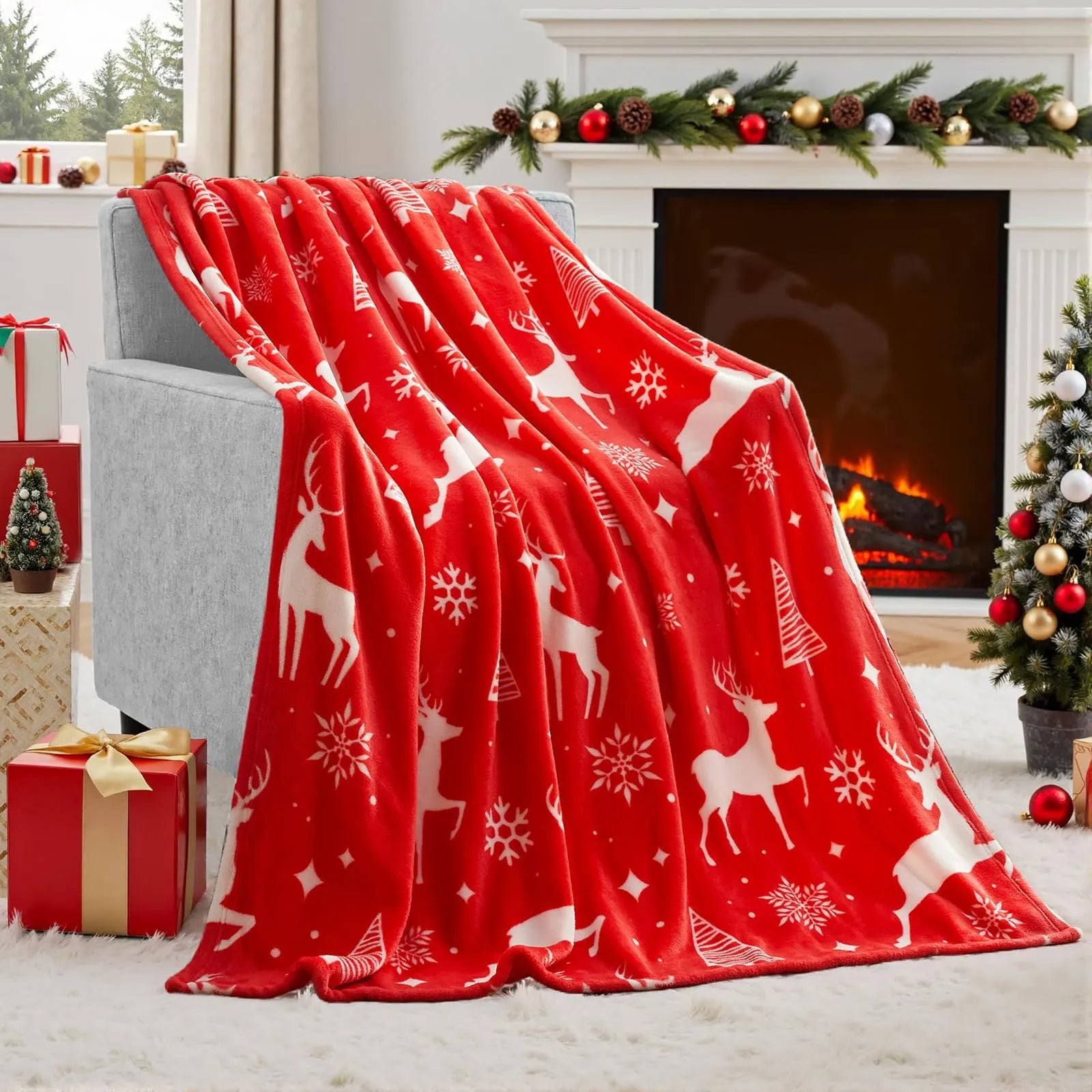 Soft flannel Christmas blanket in American style with plush texture, available in five colours and twelve size options