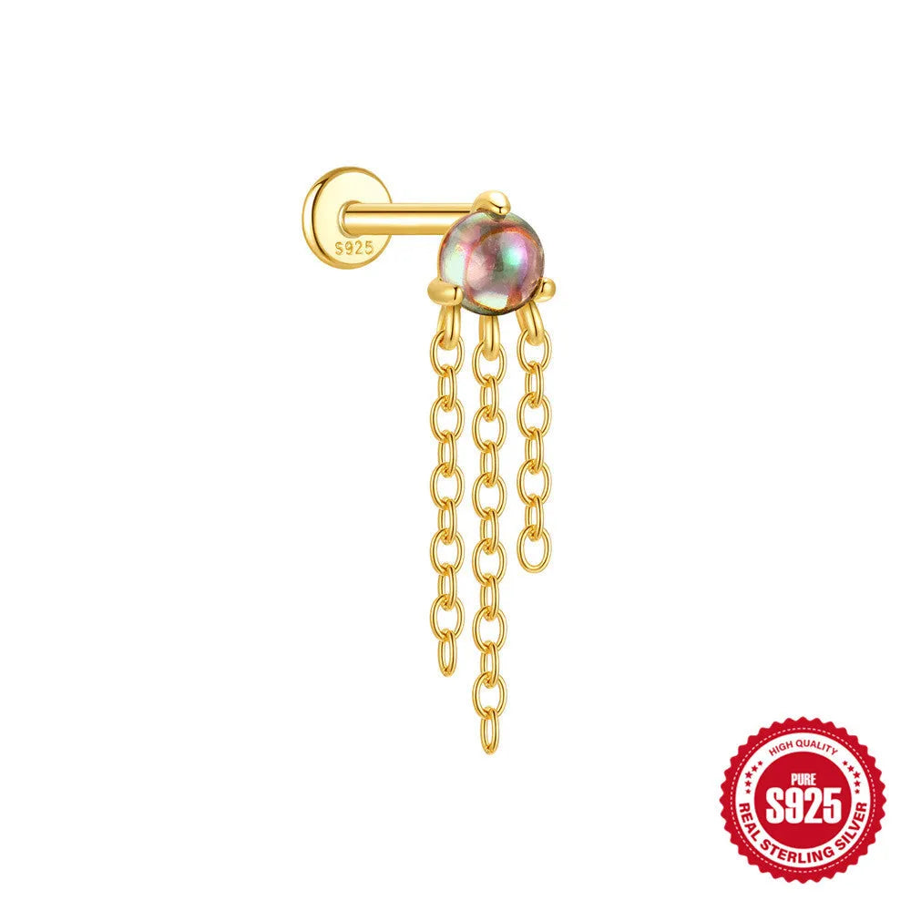 S925 sterling silver threaded ear piercing with super shiny flat head and rainbow stone in a gold colour.