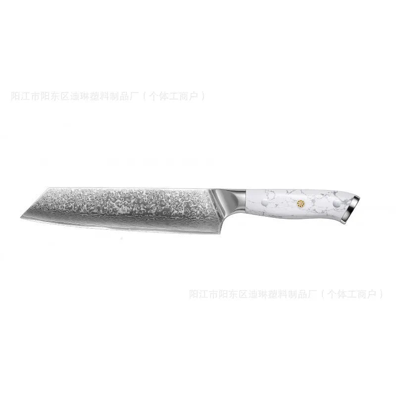 Damascus pattern chef's knife with VG10 steel blade and modern handle on a kitchen counter.
