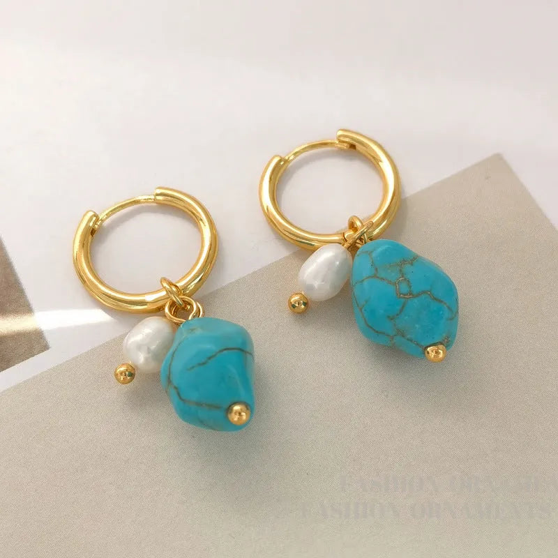 Copper geometric cultured pearl earrings with irregular turquoise stones