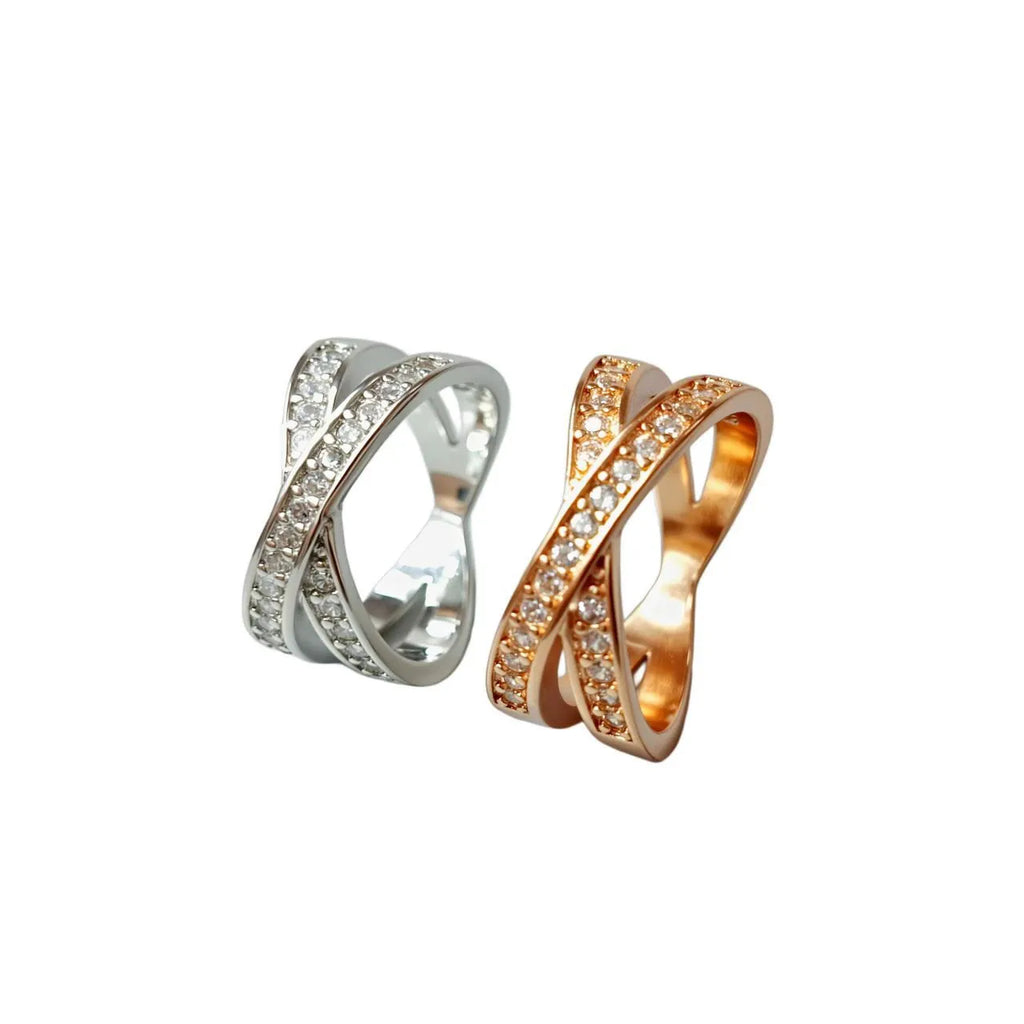 Metal cross ring with micro-inlaid zircon detailing in silver or rose gold electroplate finish