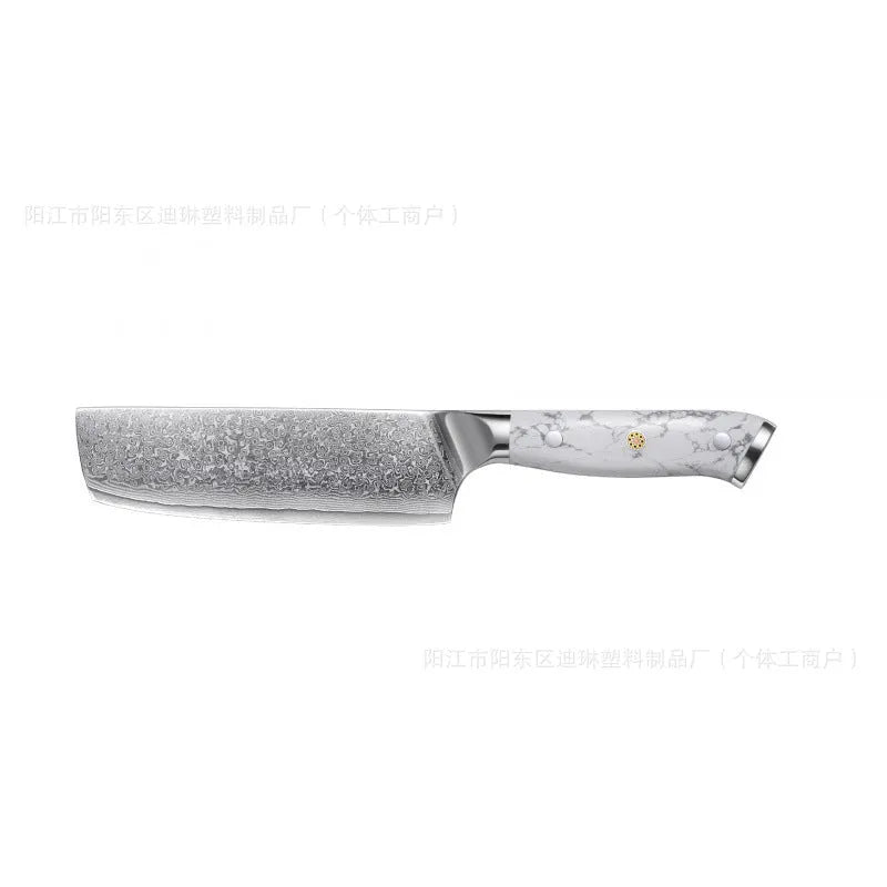 Damascus pattern chef's knife with VG10 steel blade and modern handle on a kitchen counter.