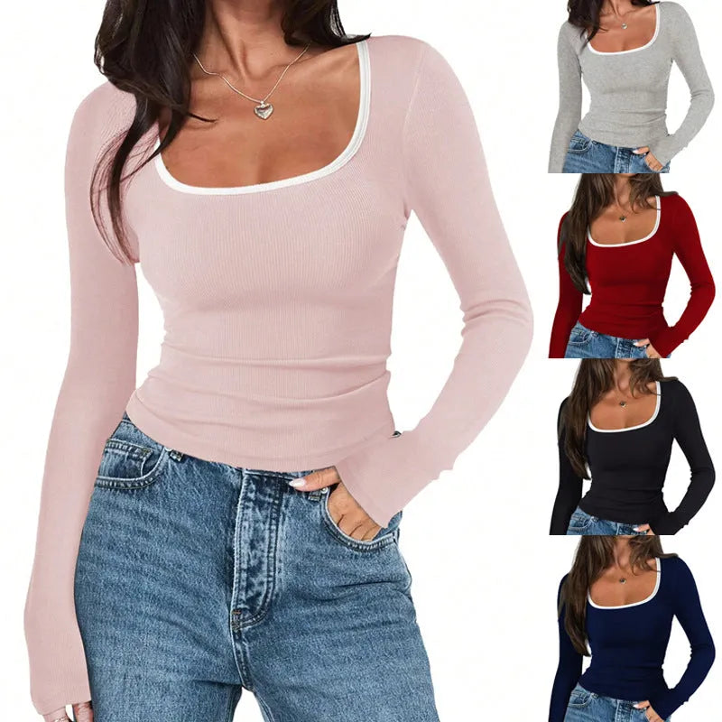 Women's slim fit cotton pullover top with a square collar and long sleeves.