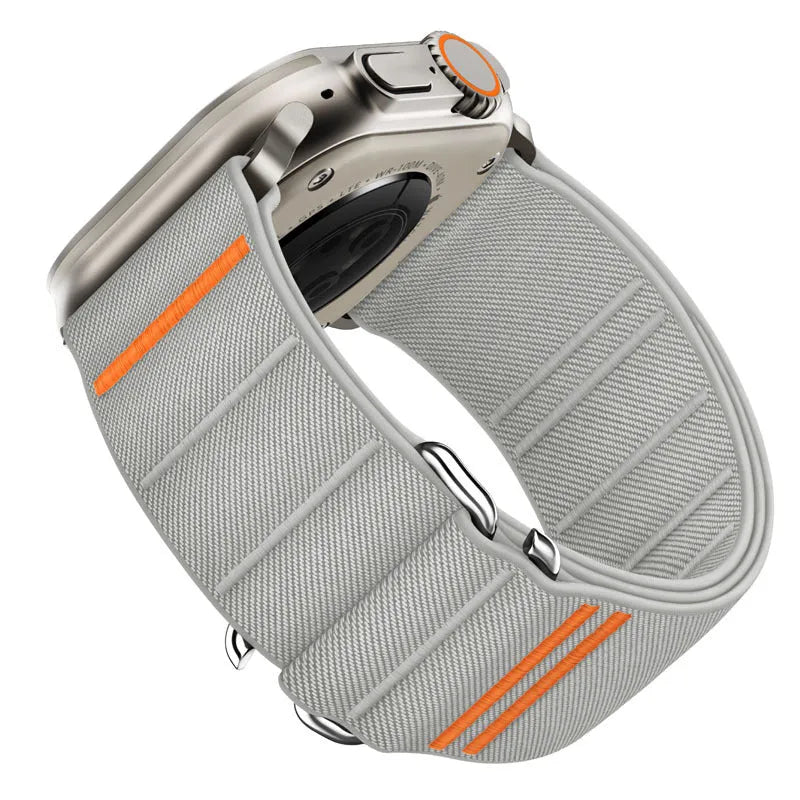Elastic nylon sports watchband with stainless steel buckle for Apple Watch, shown in multiple colour options.
