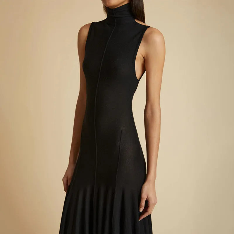 Grey slim-fit women's cotton dress with a backless design and half turtleneck neckline.