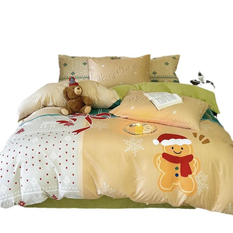 Christmas cartoon printed bedding set with Gingerbread Man design on washed cotton