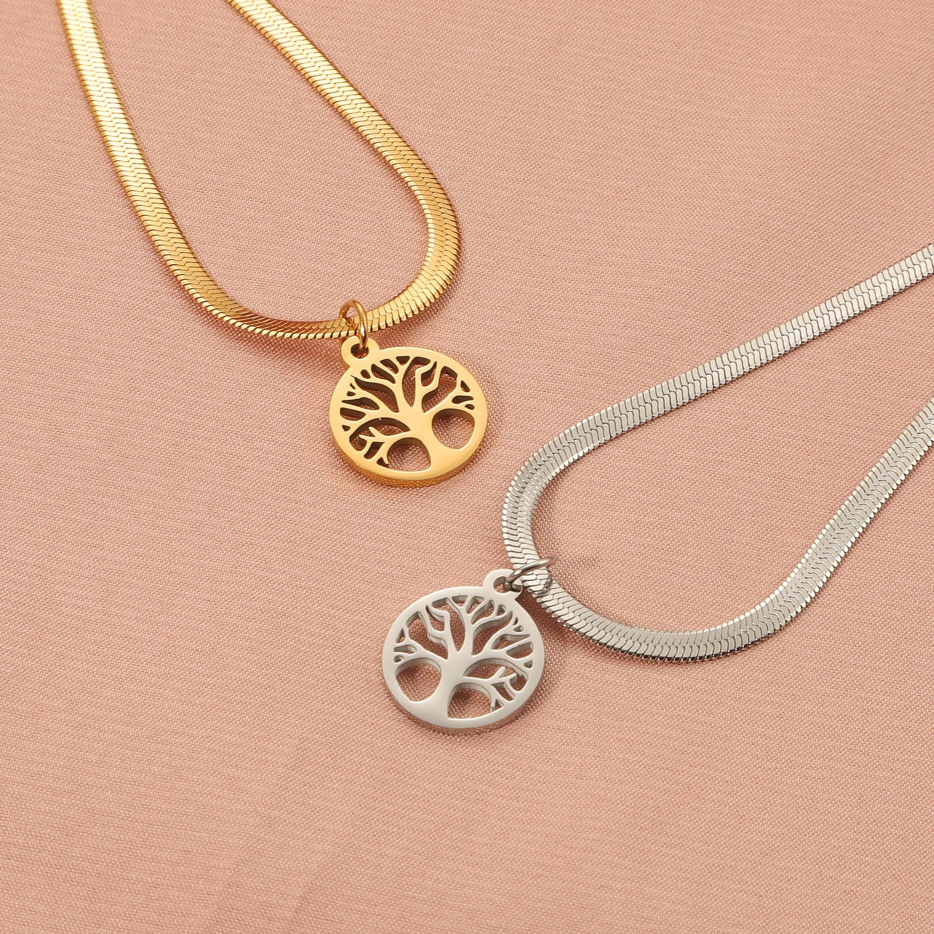 Stainless steel lucky tree pendant on snake bones chain necklace in gold colour