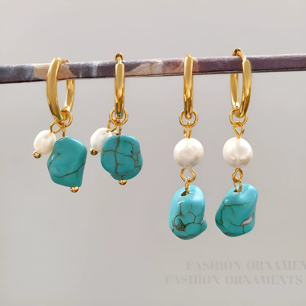 Copper geometric cultured pearl earrings with irregular turquoise stones