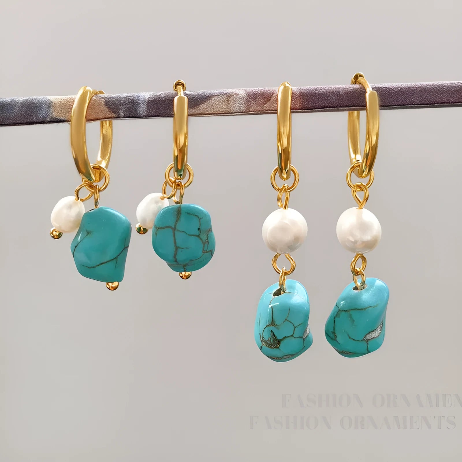 Copper geometric cultured pearl earrings with irregular turquoise stones