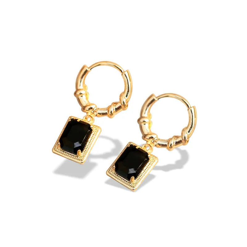 Black geometric quadrilateral copper earrings with zircon detailing and French court retro styling