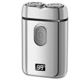 Rechargeable electric shaver with LED display, shown in black, LCD black, and liquid crystal silver colours.