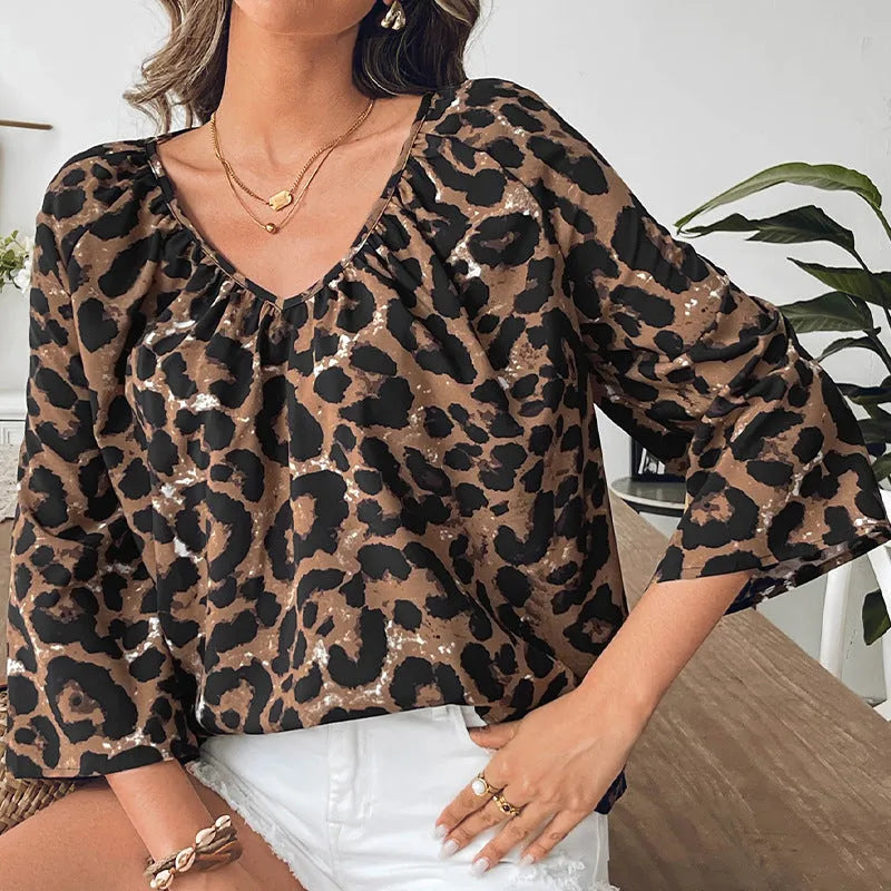 Leopard print women's polyester pullover top with V-neck and half sleeves in multicolour pattern