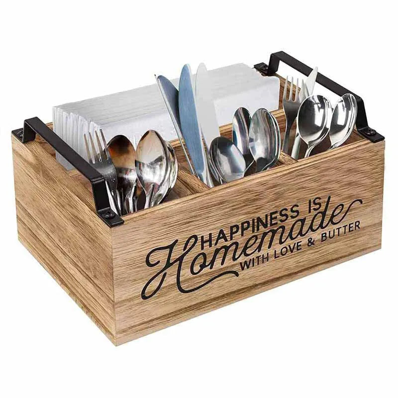 Wooden kitchen tableware storage box with grid dividers showing utensils organised in compartments